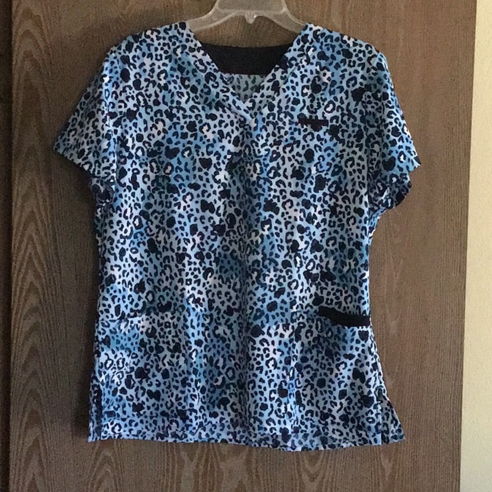 Black and blue leopard print scrub top